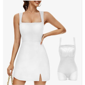 NEW White Slimers Square Neck Built in Shapewear Mini Shaper Tank Dress S